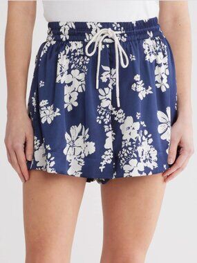 NEW Elan Tropical Capri Print Drawstring High Waist Coverup Short Navy/White - S